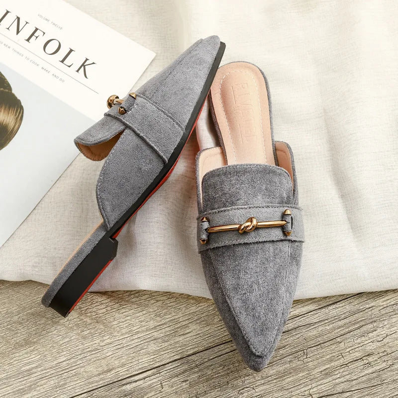 Zapatos Mules Planos de Punta Fina con Hebilla Metálica
