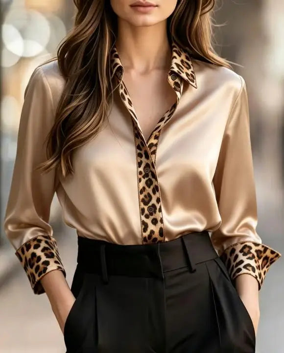 Blusa Elegante con Detalles de Leopardo y Manga Larga para Mujer