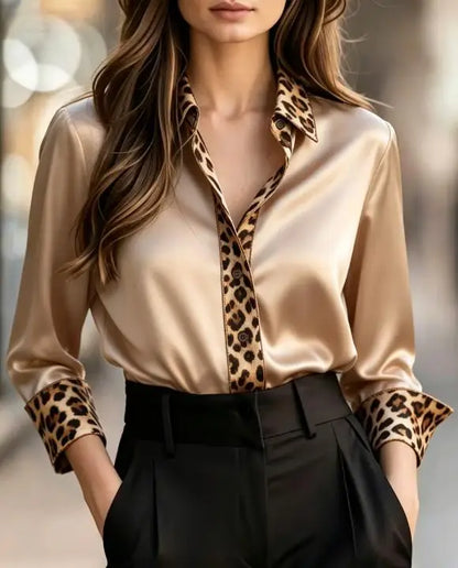 Blusa Elegante con Detalles de Leopardo y Manga Larga para Mujer