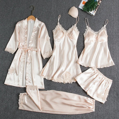 Conjunto de Pijama Satinado de 5 Piezas con Encaje
