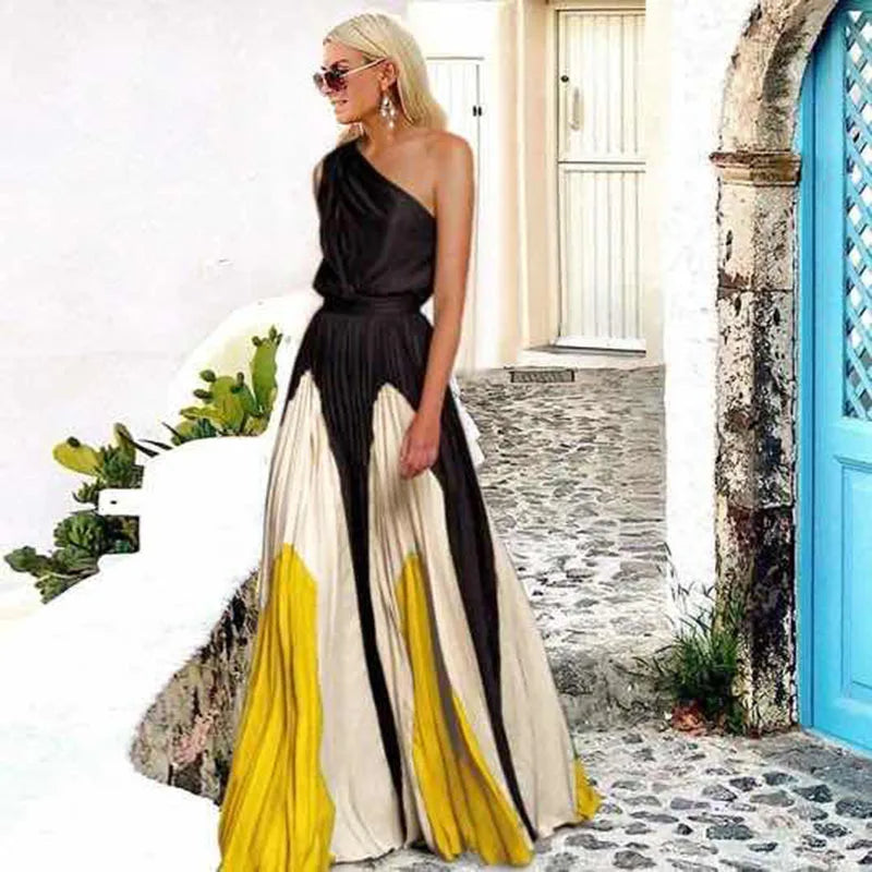Vestido Largo Asimétrico con Estampado Combinado