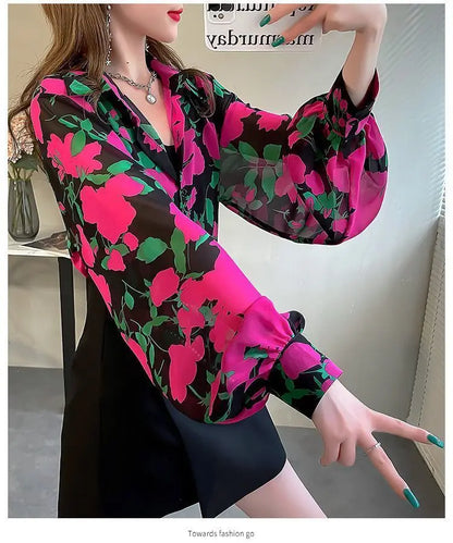 Blusa Chifón Estampada con Mangas Globo