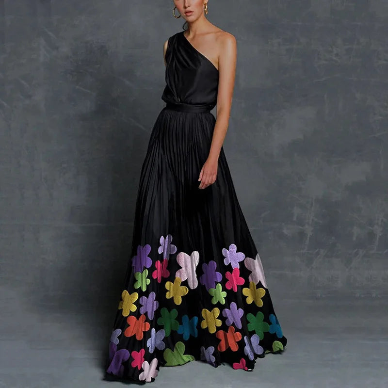 Vestido Largo Asimétrico con Estampado Combinado