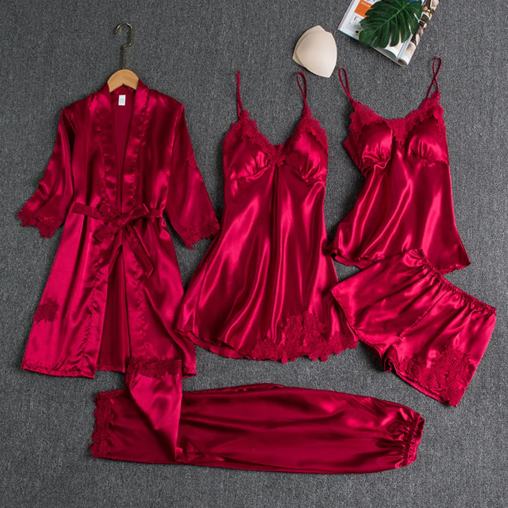 Conjunto de Pijama Satinado de 5 Piezas con Encaje