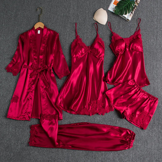 Conjunto de Pijama Satinado de 5 Piezas con Encaje