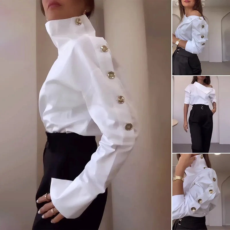 Blusa con Cuello Asimétrico y Botones Decorativos