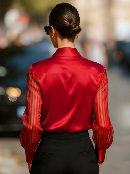 Blusa Elegante Satinada con Mangas Abullonadas y Transparencias