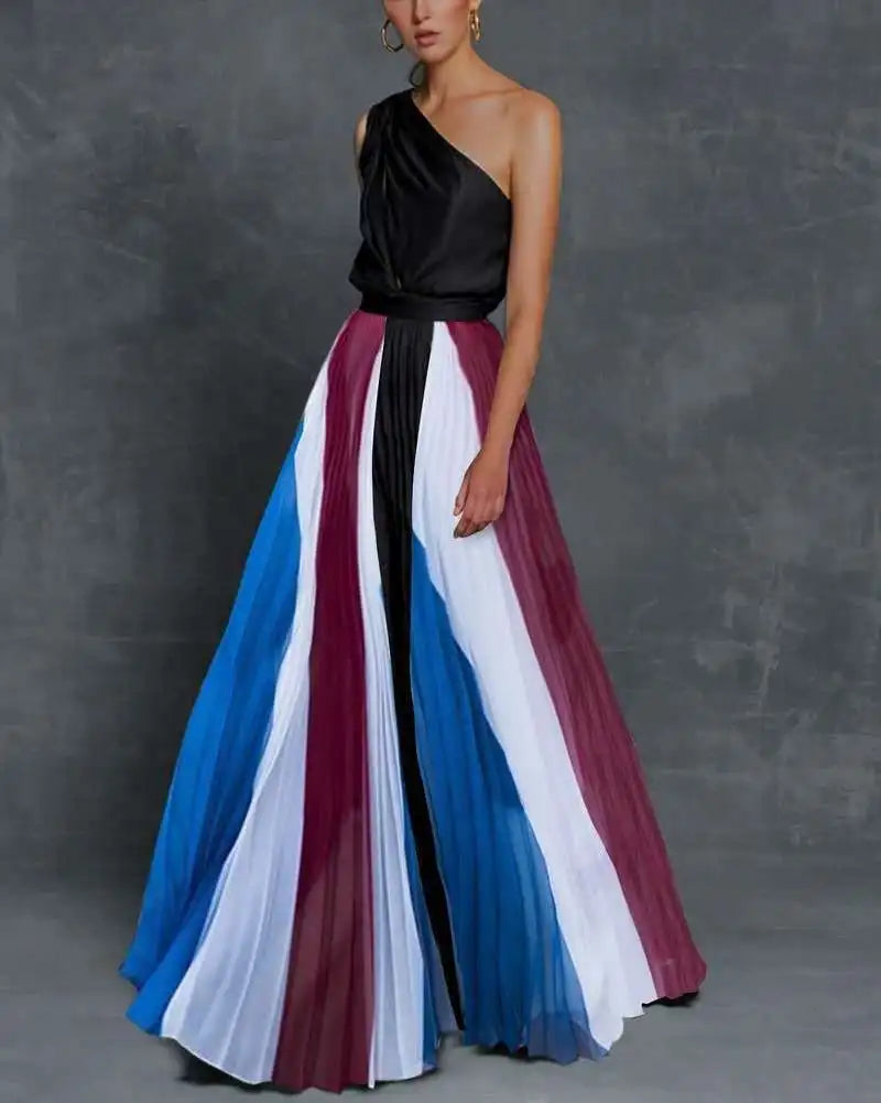 Vestido Largo Asimétrico con Estampado Combinado