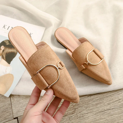 Zapatos Mules Planos de Punta Fina con Hebilla Metálica