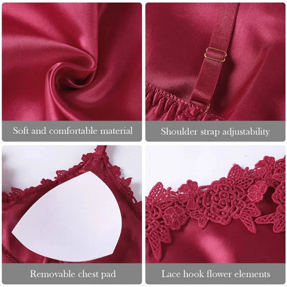 Conjunto de Pijama Satinado de 5 Piezas con Encaje