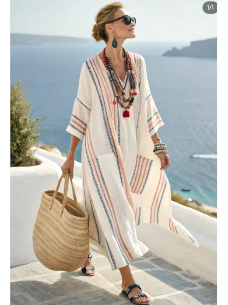 Vestido Maxi Estampado – Escote en V y Bolsillos