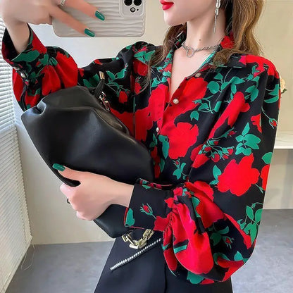 Blusa Chifón Estampada con Mangas Globo