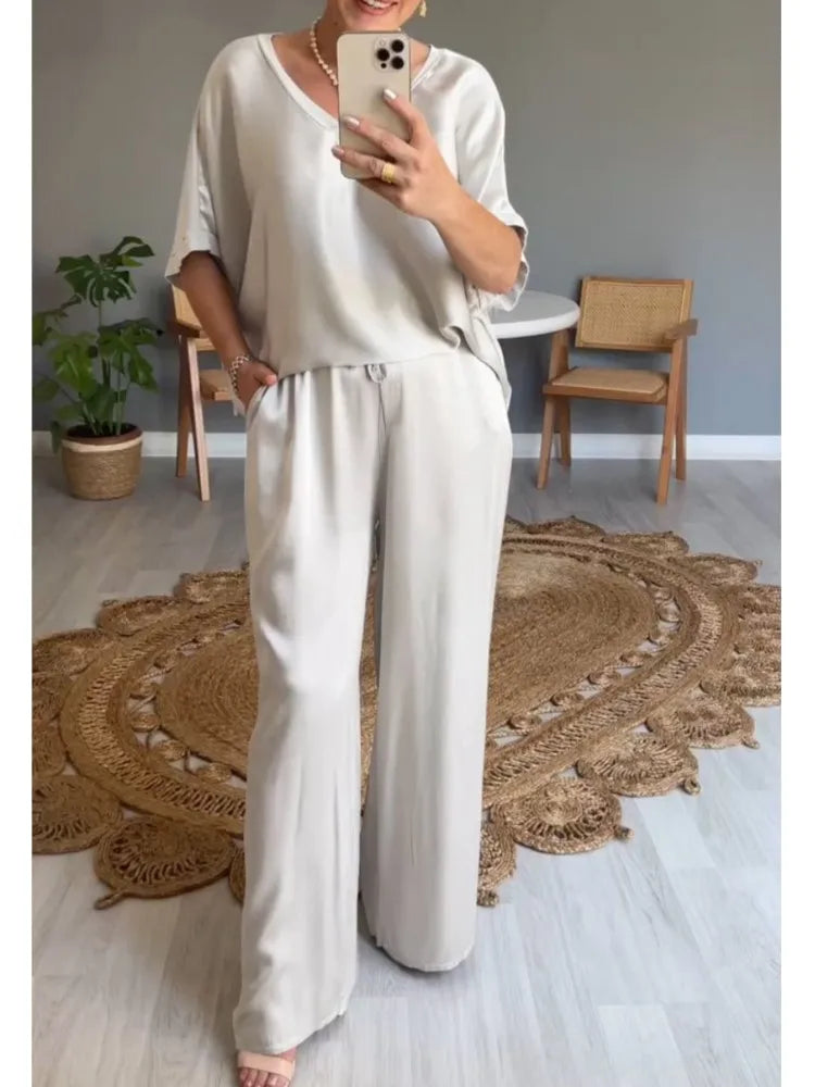 Conjunto Casual de Satén Liso S-XXXL