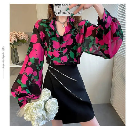 Blusa Chifón Estampada con Mangas Globo