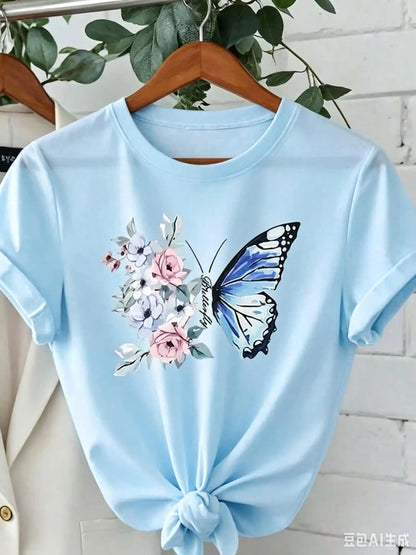 Camiseta de Algodón con Estampado Floral y Mariposa