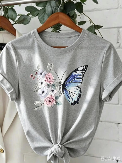 Camiseta de Algodón con Estampado Floral y Mariposa