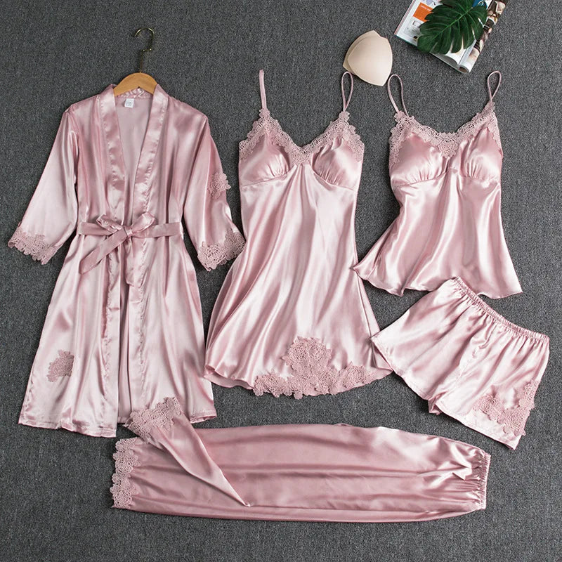 Conjunto de Pijama Satinado de 5 Piezas con Encaje