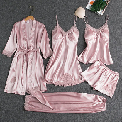 Conjunto de Pijama Satinado de 5 Piezas con Encaje