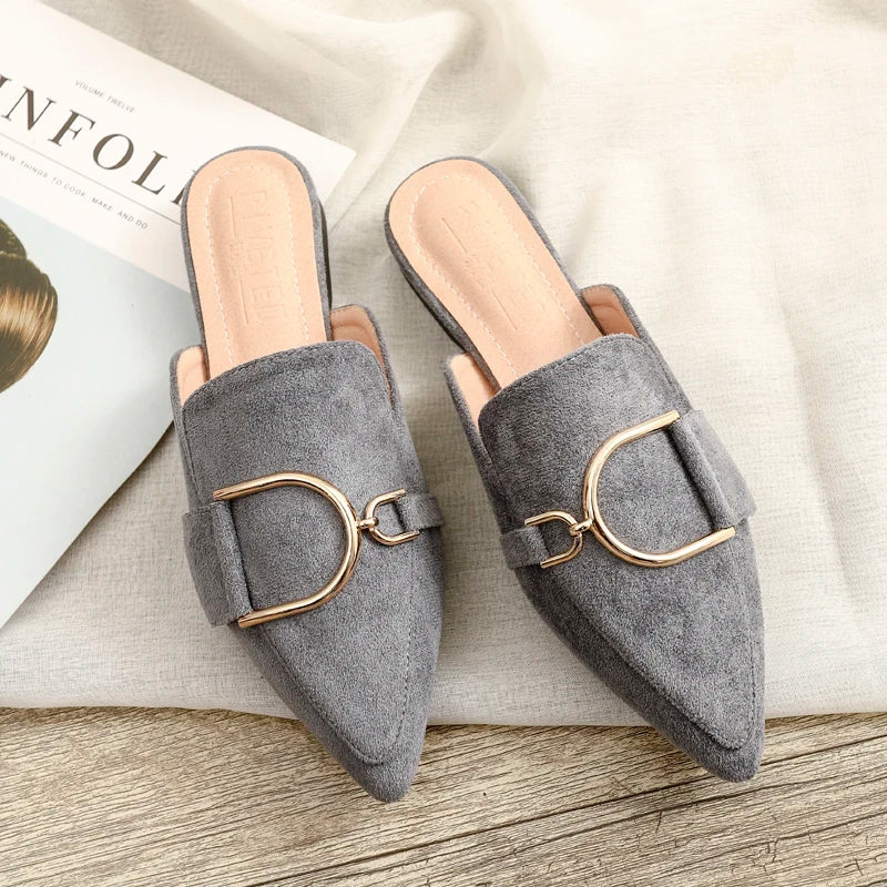 Zapatos Mules Planos de Punta Fina con Hebilla Metálica
