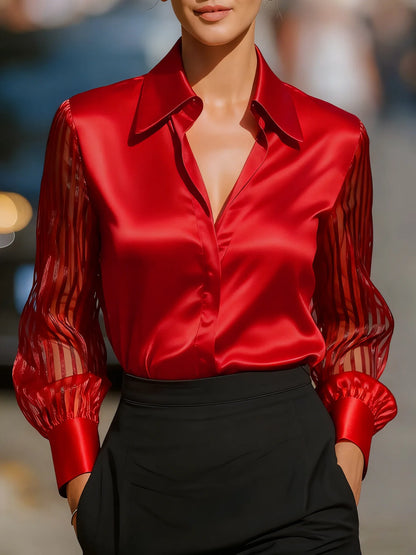 Blusa Elegante Satinada con Mangas Abullonadas y Transparencias