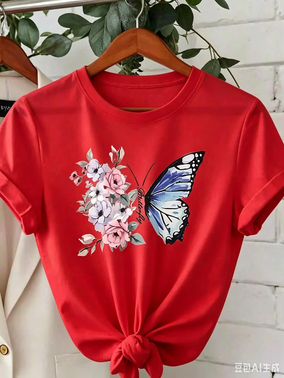 Camiseta de Algodón con Estampado Floral y Mariposa