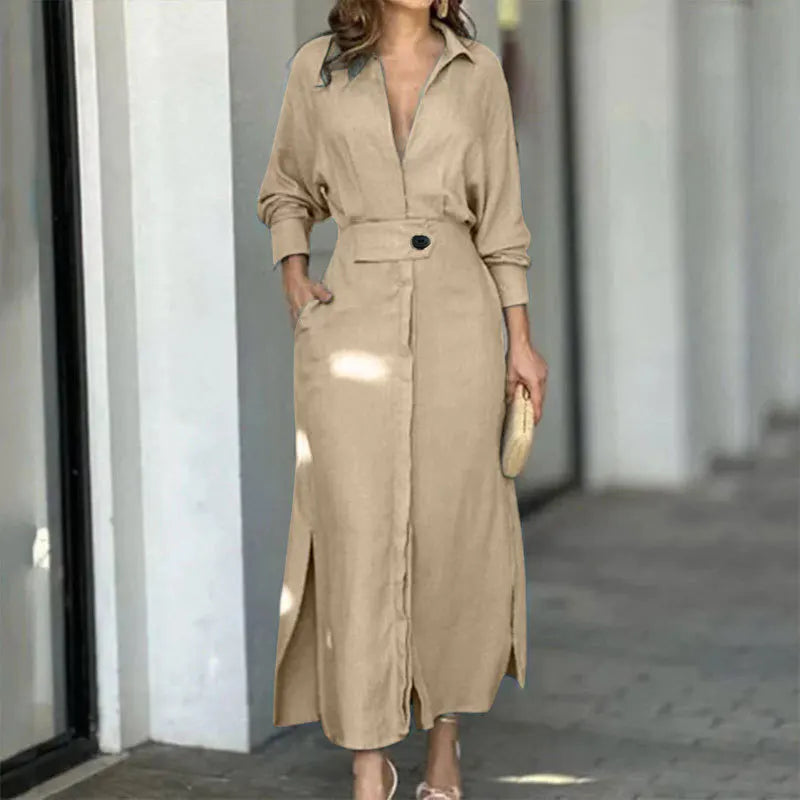 Vestido Camisero Largo con Cuello en V