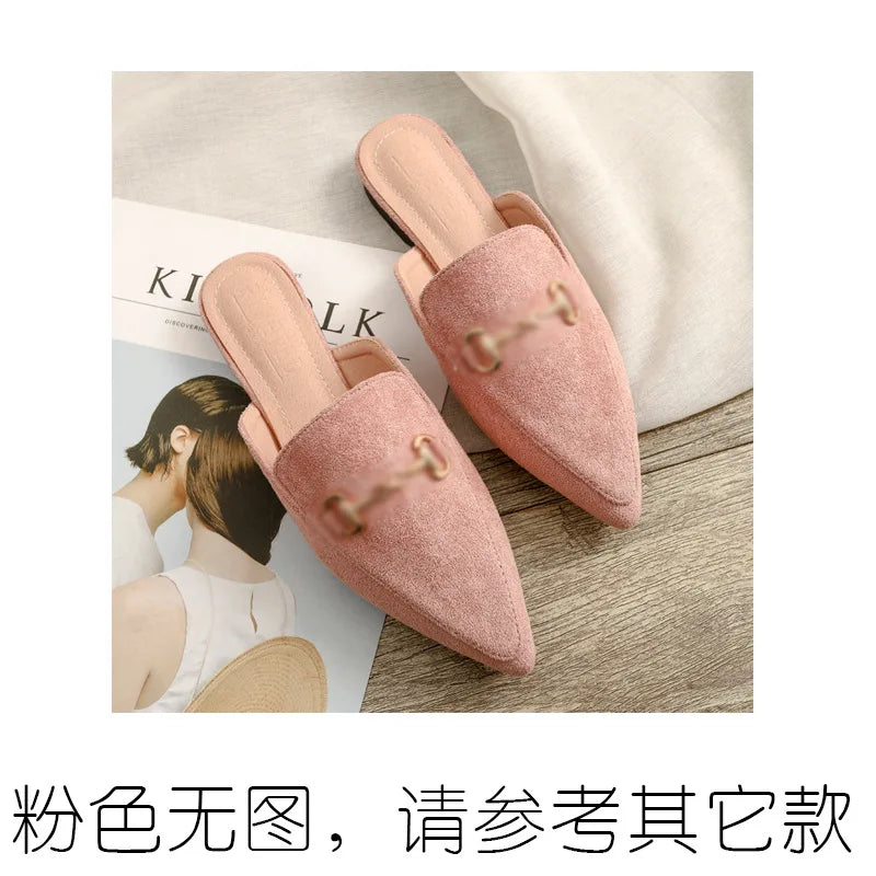 Zapatos Mules Planos de Punta Fina con Hebilla Metálica