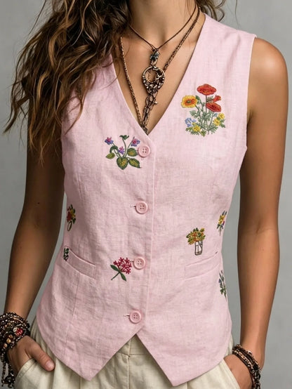 Chaleco de Lino con Bordado Floral