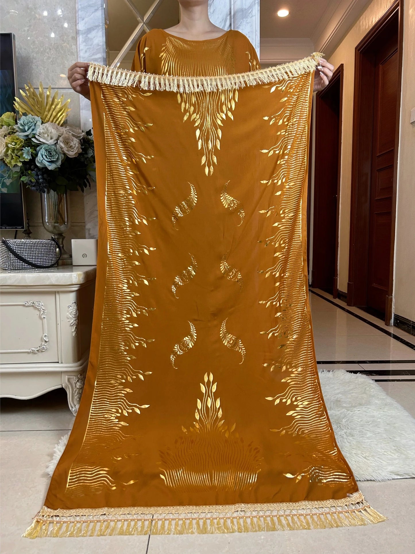 Long Gold Printed Dress with Large Scarf