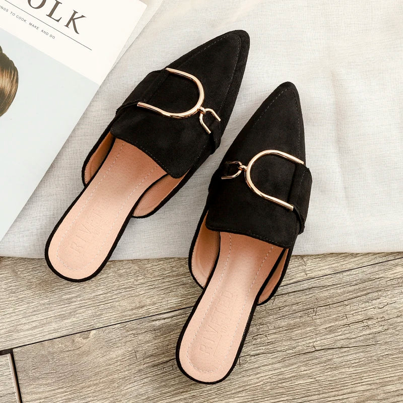 Zapatos Mules Planos de Punta Fina con Hebilla Metálica