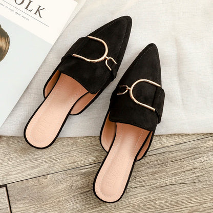 Zapatos Mules Planos de Punta Fina con Hebilla Metálica