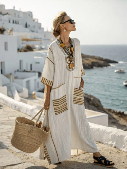 Vestido Maxi Estampado – Escote en V y Bolsillos