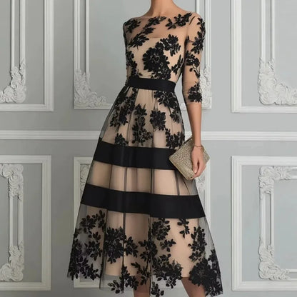 Vestido Midi de Tul con Encaje Floral y Falda Evasé